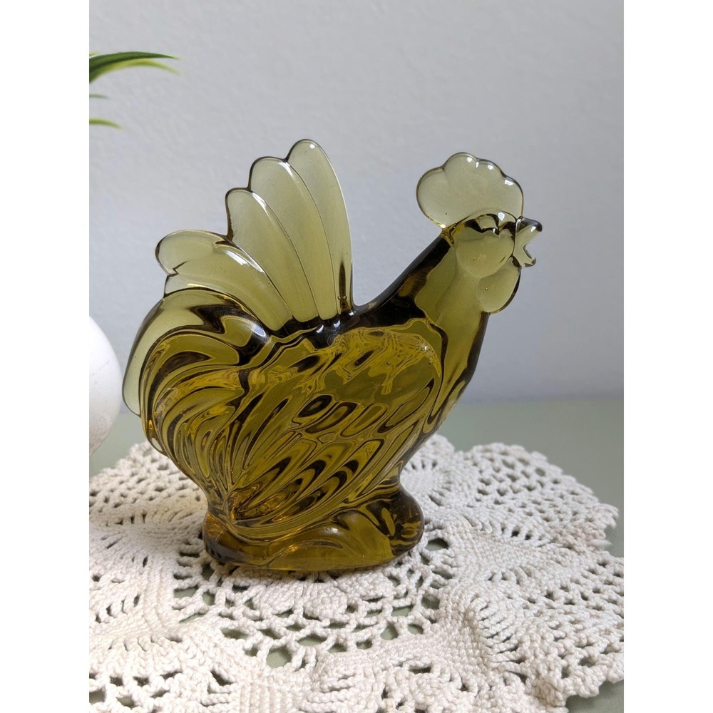 Vintage Amber Glass Rooster Figurine, Mid Century Modern Chicken Decor‎